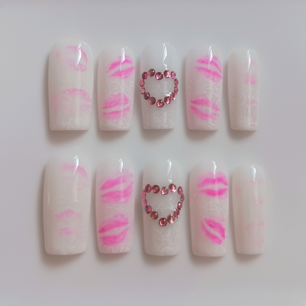 ✨️Pink Kiss Nail Art Set with Rhinestones Valentines Day Handmade Press On Nails